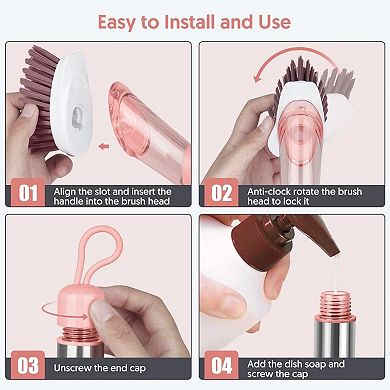 Soap Dispensing Dishwand Brush Storage Set with 4 Non-Scratch Refills