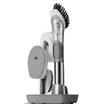 Soap Dispensing Dishwand Brush Storage Set with 4 Non-Scratch Refills