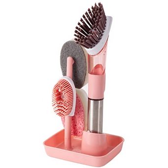 Soap Dispensing Dishwand Brush Storage Set with 4 Non-Scratch Refills