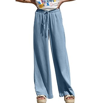 Women's Drawstring Elastic Waist Pants Wide Leg Back Pocket Lightweight Denim-Look Casual Trousers