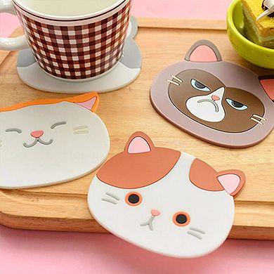 Silicone Funny Cat Coasters Coffee Cup Mats, set of 3