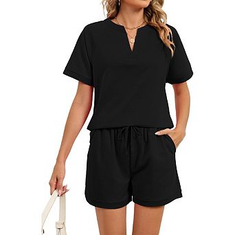 Women's V-neck Short Sleeve 2 pc Lounge Set, Matching Top & Drawstring Shorts for Casual Wear