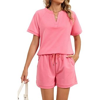 Women's V-neck Short Sleeve 2 pc Lounge Set, Matching Top & Drawstring Shorts for Casual Wear