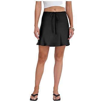 Women's High Waist Satin Mini Skater Skirt, Drawstring Pleated Casual Short Skirt