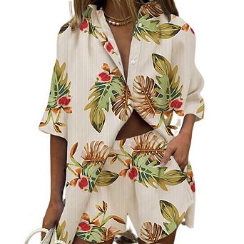 Women's 2 pc Beach Set, Loose Short Sleeve Button Up Shirt with Matching Casual Shorts