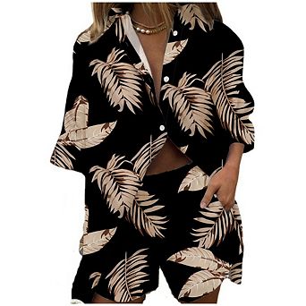 Women's 2 pc Beach Set, Loose Short Sleeve Button Up Shirt with Matching Casual Shorts