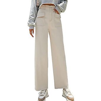 Women's High Waist Straight Leg Pants Pocket Design Baggy Trousers for Business Casual & Streetwear