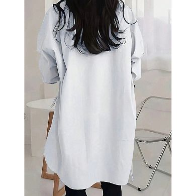 Women's Oversized Long Sleeve Button Down Shirt, Side Split Tie Detail Casual Tunic Blouse