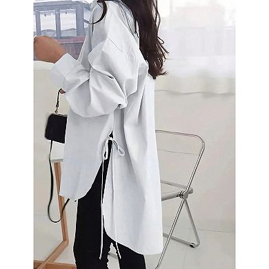 Women's Oversized Long Sleeve Button Down Shirt, Side Split Tie Detail Casual Tunic Blouse
