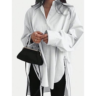 Women's Oversized Long Sleeve Button Down Shirt, Side Split Tie Detail Casual Tunic Blouse