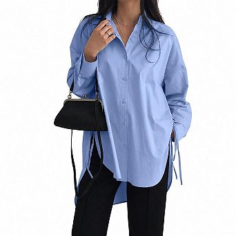 Women's Oversized Long Sleeve Button Down Shirt, Side Split Tie Detail Casual Tunic Blouse