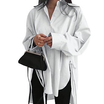Women's Oversized Long Sleeve Button Down Shirt, Side Split Tie Detail Casual Tunic Blouse