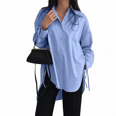 Oversized Long Sleeve Button Down Side Split Tie Detail Casual Tunic Blouse