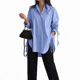 Oversized Long Sleeve Button Down Side Split Tie Detail Casual Tunic Blouse