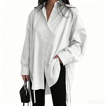 Oversized Long Sleeve Button Down Side Split Tie Detail Casual Tunic Blouse