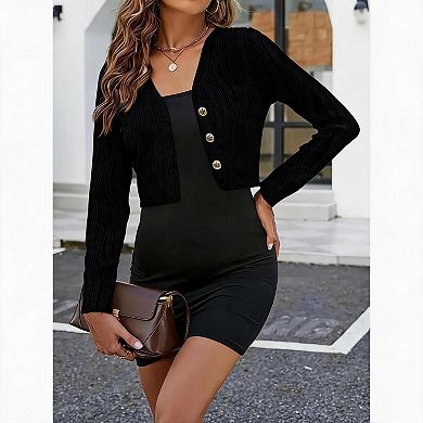 Women's V Neck Textured Wave Knit Cropped Cardigan Long Sleeve Button Open Front Shrug Sweater