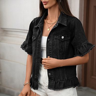 Kojooin Turn Down Collar Short Denim Jacket With Frayed Cuff Sleeves