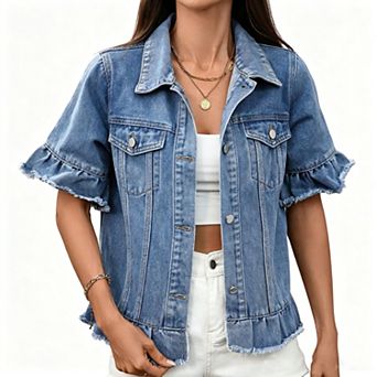 Kojooin Turn Down Collar Short Denim Jacket With Frayed Cuff Sleeves