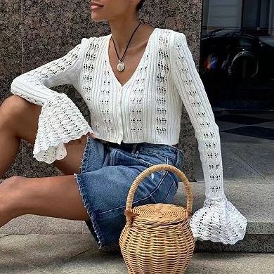 Women's Bell Sleeve V Neck Openwork Hollow Knit Cropped Cardigan Button Down Short Sweater