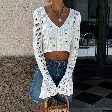 Women's Bell Sleeve V Neck Openwork Hollow Knit Cropped Cardigan Button Down Short Sweater