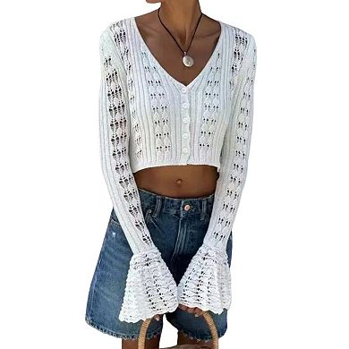 Women's Bell Sleeve V Neck Openwork Hollow Knit Cropped Cardigan Button Down Short Sweater