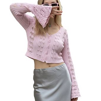 Women's Bell Sleeve V Neck Openwork Hollow Knit Cropped Cardigan Button Down Short Sweater