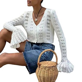 Women's Bell Sleeve V Neck Openwork Hollow Knit Cropped Cardigan Button Down Short Sweater