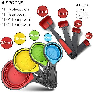 Silicone Measuring Cups & Spoons Collapsible Set of 8