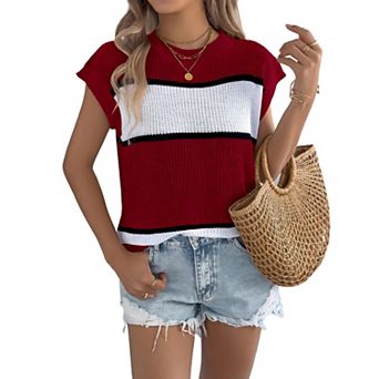 Womens Cap Sleeve Sweater Shirts Striped Color Block Loose Trendy Vacation Outfits T Shirts