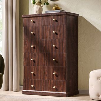 Modern 7 Drawer Dresser, 48" Tall Wooden Chest w/ Waterfall, Storage Cabinet for Bedroom Living Room