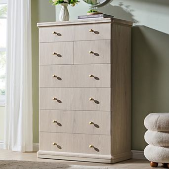 Modern 7 Drawer Dresser, 48" Tall Wooden Chest w/ Waterfall, Storage Cabinet for Bedroom Living Room