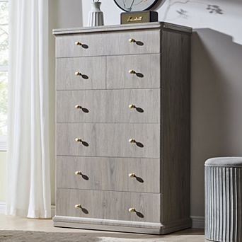 Modern 7 Drawer Dresser, 48" Tall Wooden Chest w/ Waterfall, Storage Cabinet for Bedroom Living Room
