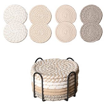 8 pc Cotton Woven Coasters for Drinks, Absorbent Coasters Set with Holder, 4.4 Inch Diameter
