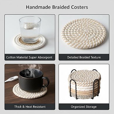8pcs Cotton Woven Coasters for Drinks, Absorbent Coasters Set with Holder, 4.4 Inch Diameter