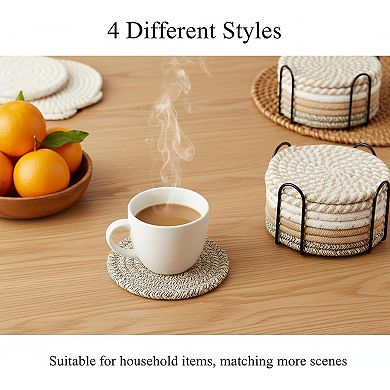 8pcs Cotton Woven Coasters for Drinks, Absorbent Coasters Set with Holder, 4.4 Inch Diameter