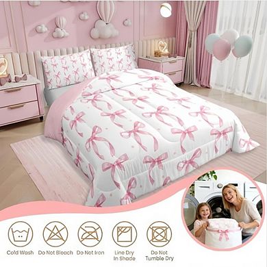 Full Comforter Set Pink Bow Princess Kids Bedding Cute Lightweight 3-Piece