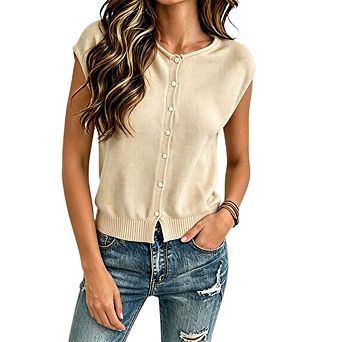 Women's Cap Sleeve Button Front Cardigan Causal Ribbed Knit Vest Sweater
