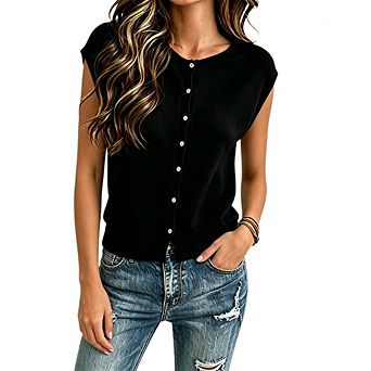Women's Cap Sleeve Button Front Cardigan Causal Ribbed Knit Vest Sweater