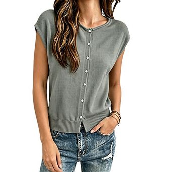 Women's Cap Sleeve Button Front Cardigan Causal Ribbed Knit Vest Sweater