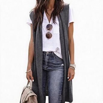 Women's Open Front Sleeveless Long Knit Cardigan Vest Loose Sweater
