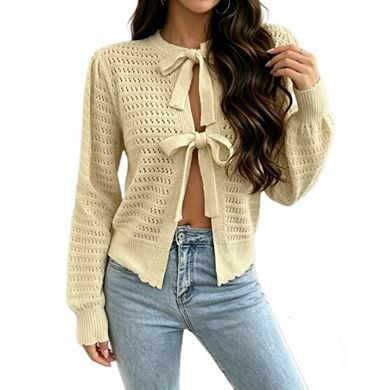 Women's Open Knit Bow Tie Front Cropped Cardigan Causal Eyelet Long Sleeve Sweater