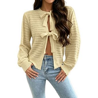 Women's Open Knit Bow Tie Front Cropped Cardigan Causal Eyelet Long Sleeve Sweater