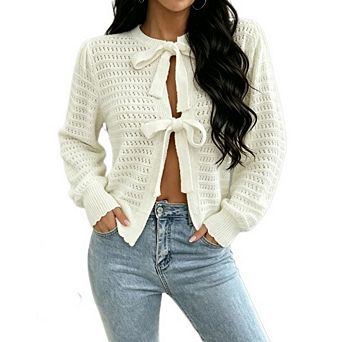 Women's Open Knit Bow Tie Front Cropped Cardigan Causal Eyelet Long Sleeve Sweater