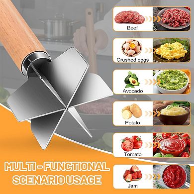 Stainless Steel Meat Masher with 6 Blades 11" Potato Masher