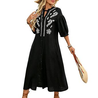 Women's Boho Embroidered Half Sleeve Dress Casual V Neck Button Front Split Midi Shirt Dress