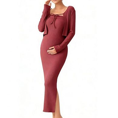 Maternity Outfit 2 Piece Dress Short Open Front Cardigan Strapless Dating Daily Office Commute