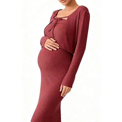 Maternity Outfit 2 Piece Dress Short Open Front Cardigan Strapless Dating Daily Office Commute