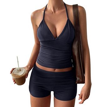 Women's Halter Tie Back Ruched Crop Top High Waist Shorts 2 pc Outfit Set Casual Yoga Loungewear