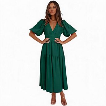Women's Deep V Neck Tiered Midi Dress Short Sleeve Smocked Waist Casual Long Dress