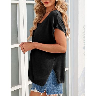 Women's V-Neck Cap Sleeve Knit Sweater Casual Loose Fit Pullover Sweater